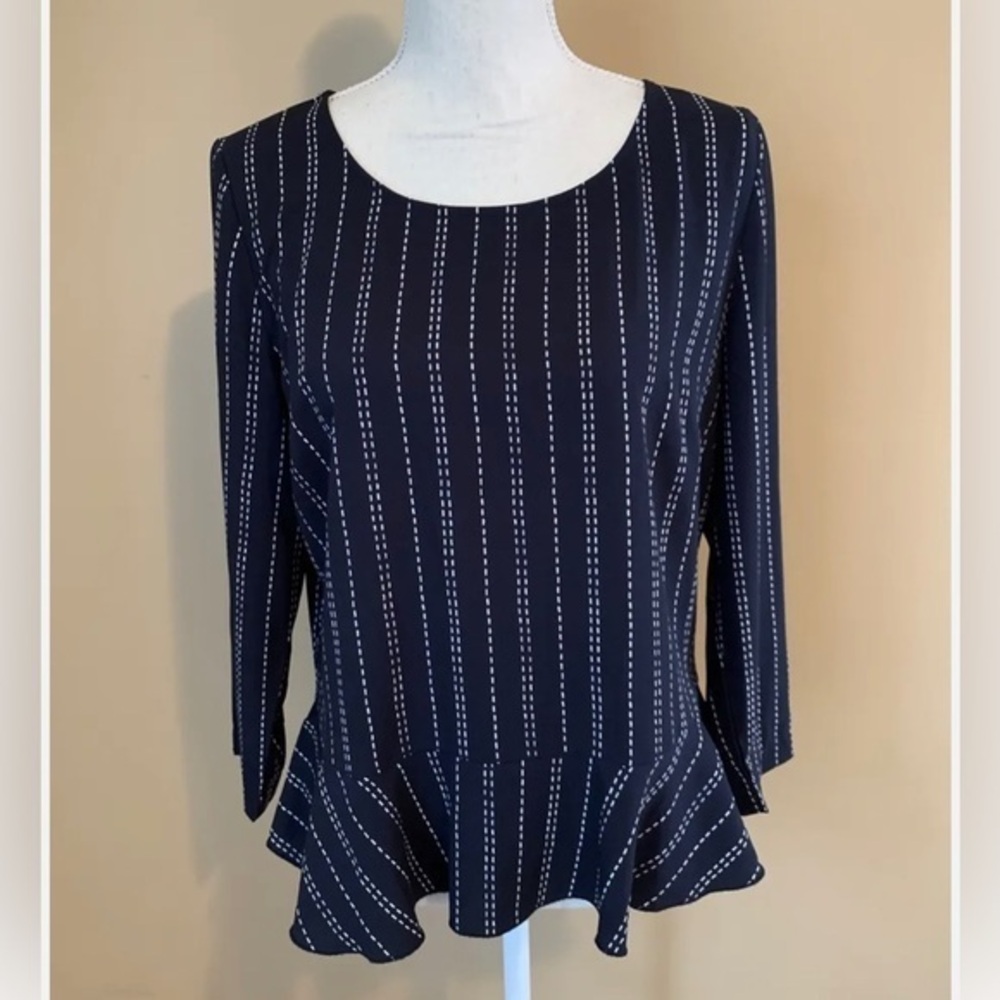 Ann Taylor Navy Stripe Peplum Blouse Size S